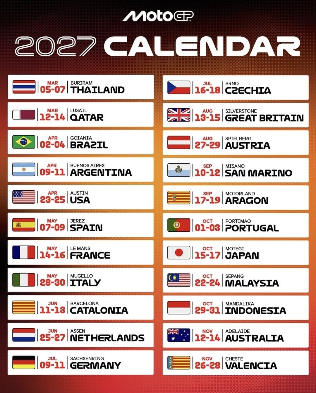 El calendario de 2027 para el Moto GP