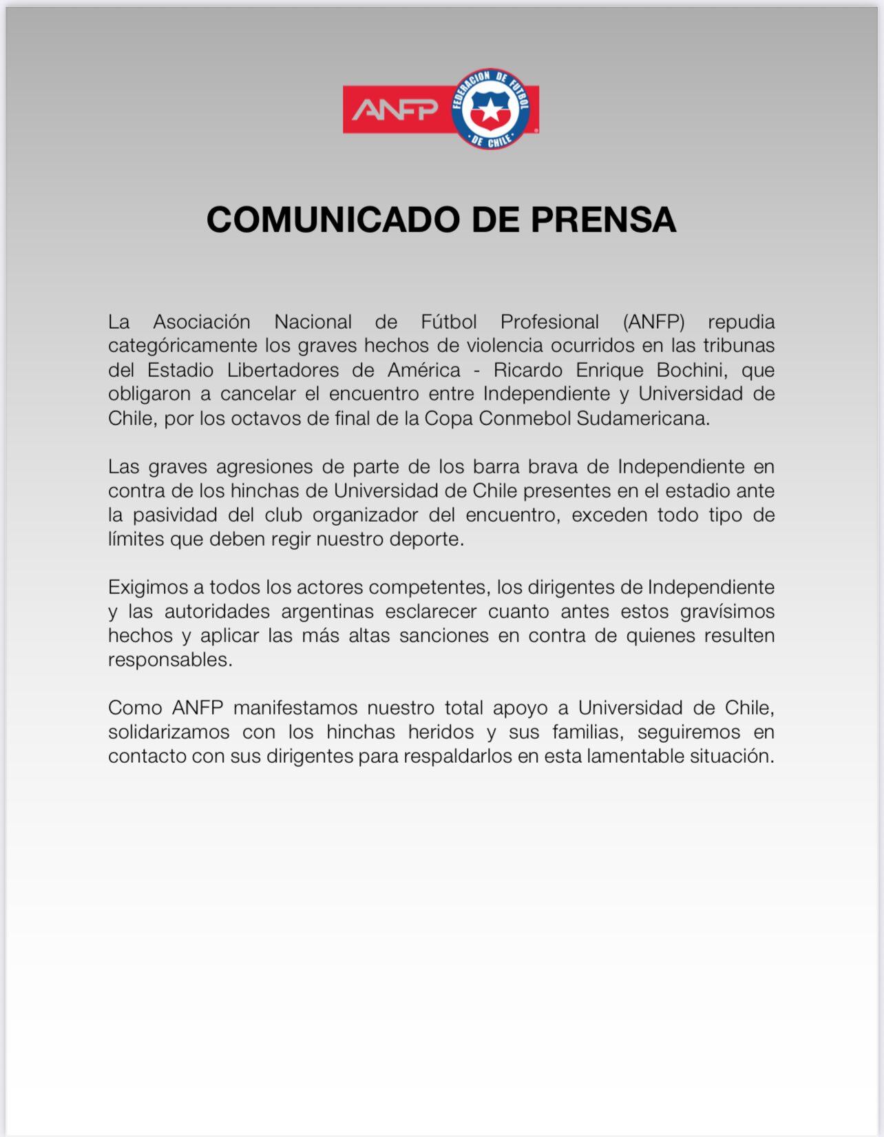 El comunicado de la ANFP, la Asociación chilena, tras los incidentes en Independiente vs. U de Chile
