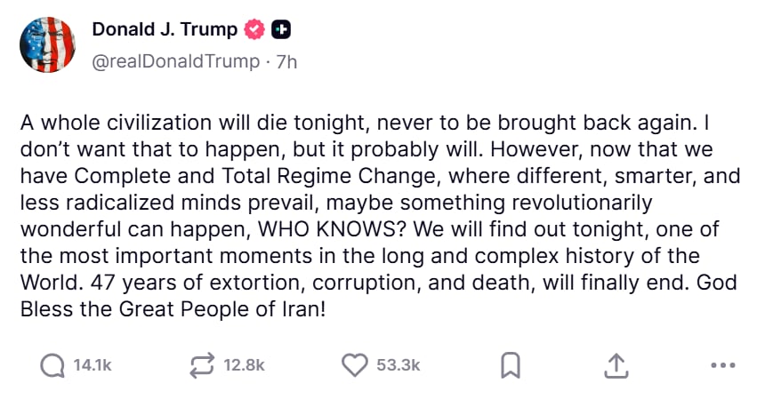 El mensaje de Donald Trump en la mañana del martes en su cuenta de Truth Social.