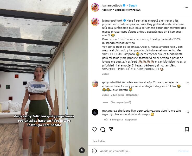 La reflexión de Juana Repetto tras comenzar el gimnasio (Foto: Instagram @juanarepettook)