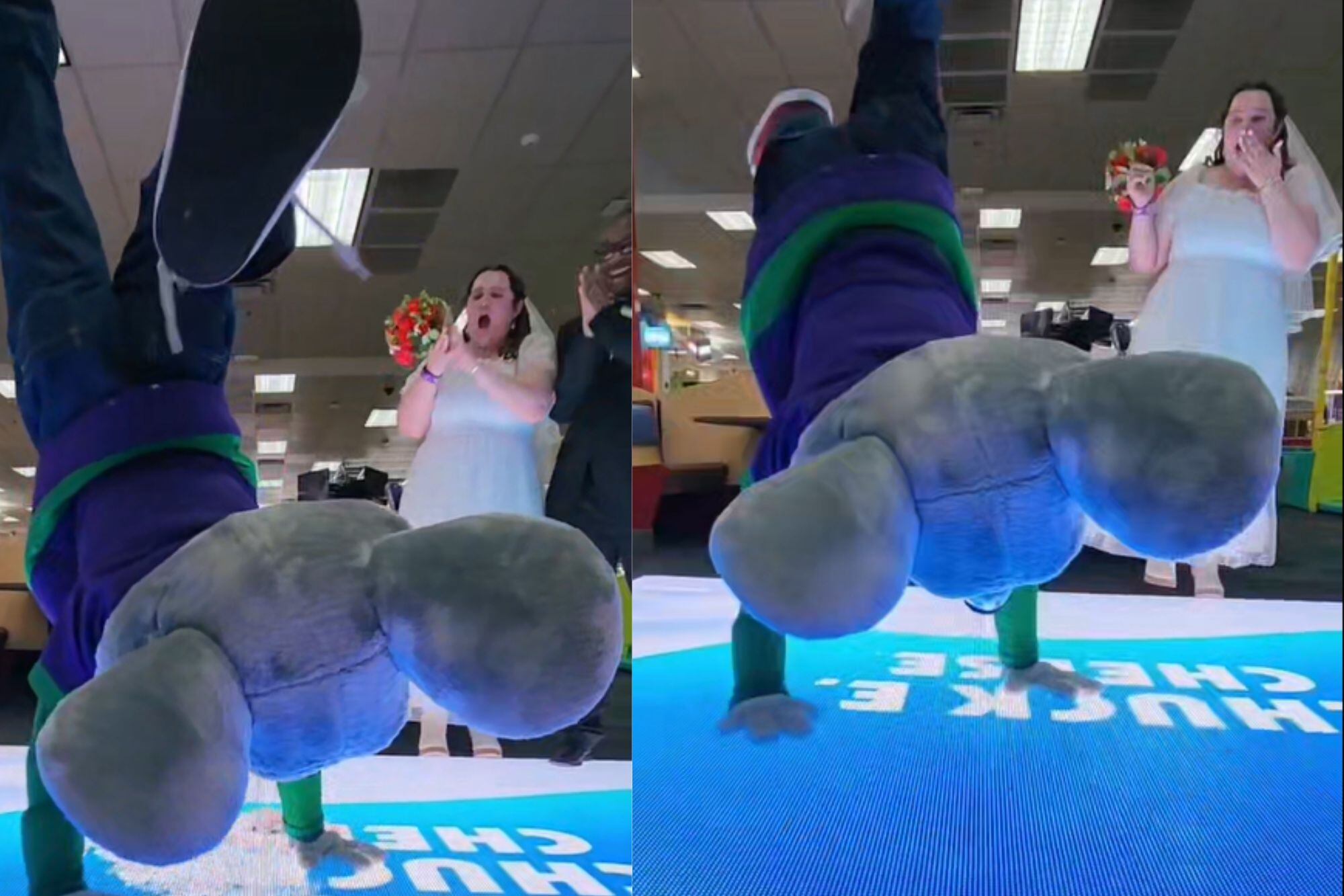 El breakdance de Chuck E. Cheese en vivo fue de lo más memorable para la pareja. (TikTok)