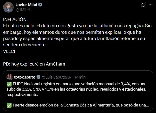 El tuit de Milei sobre la inflación de marzo