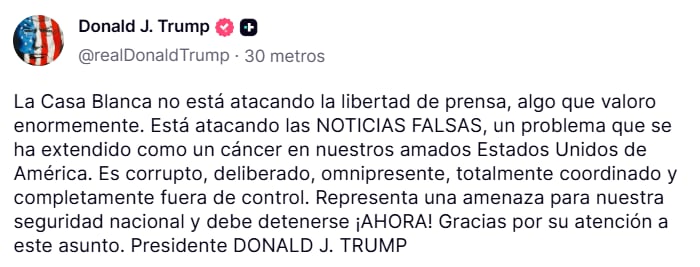 Captura de pantalla de la publicación de Trump. Fuente: Truth Social