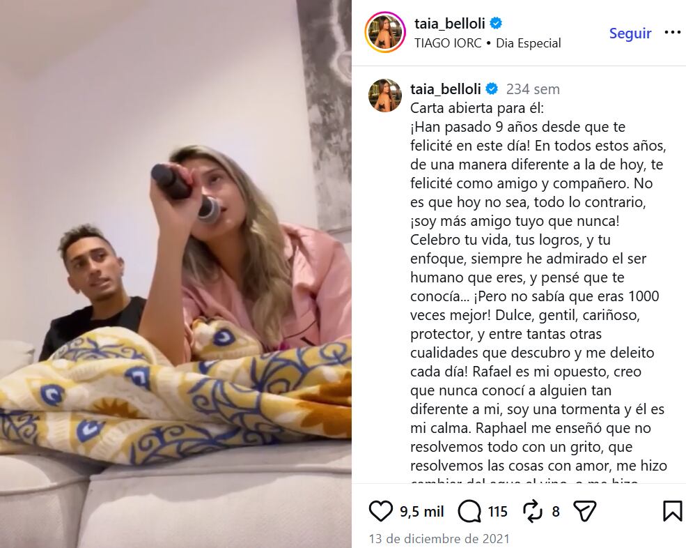 Taia le dejó un gran mensaje de amor en las redes sociales