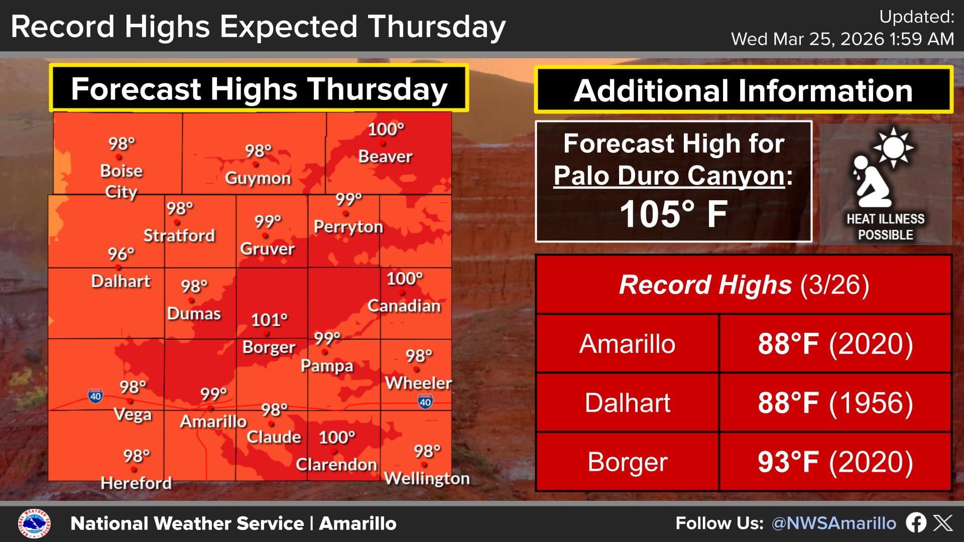 Lugares como Palo Duro Canyon podrían registrar máximas de 105°F (40,5°C)