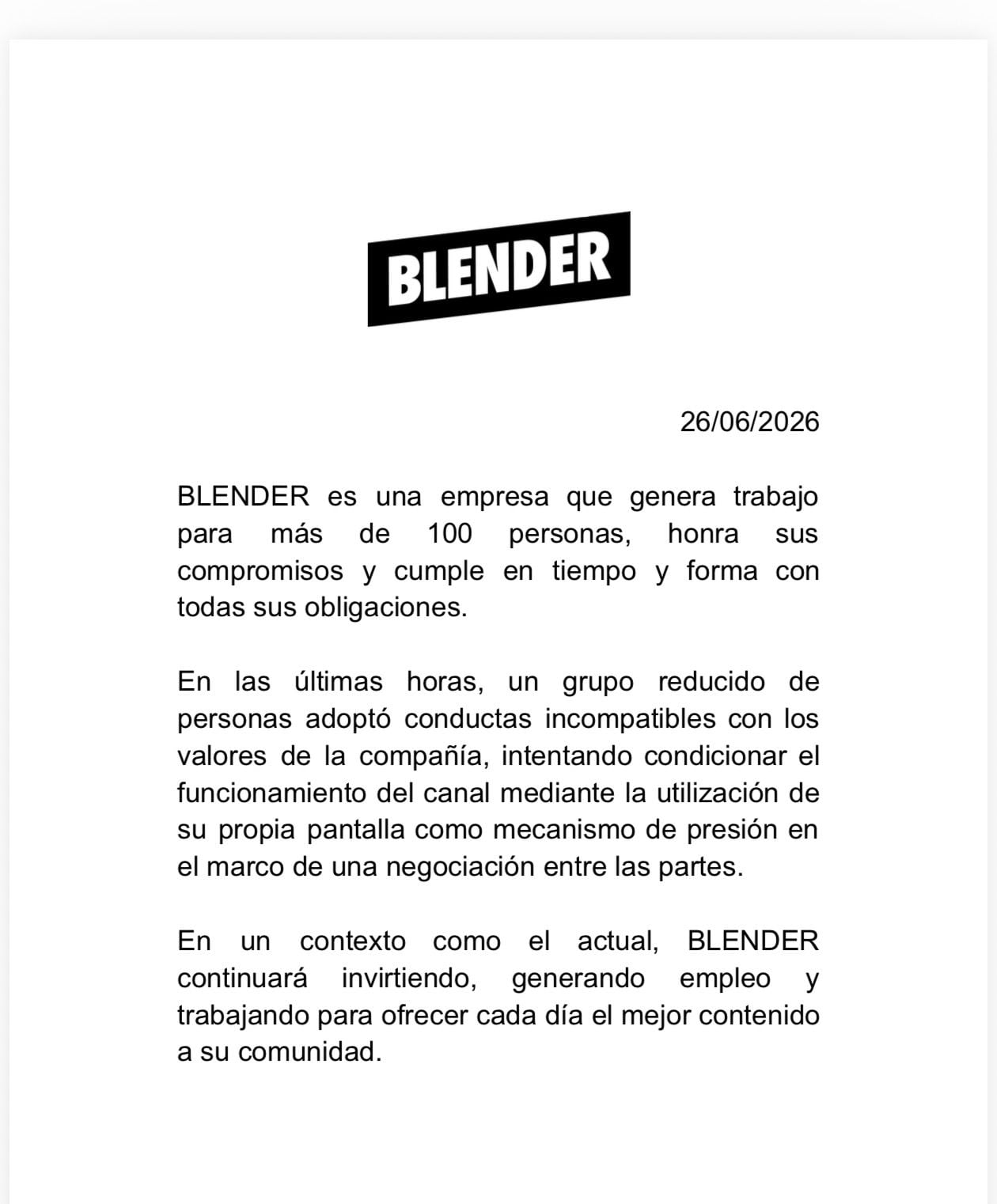 El comunicado oficial de Blender