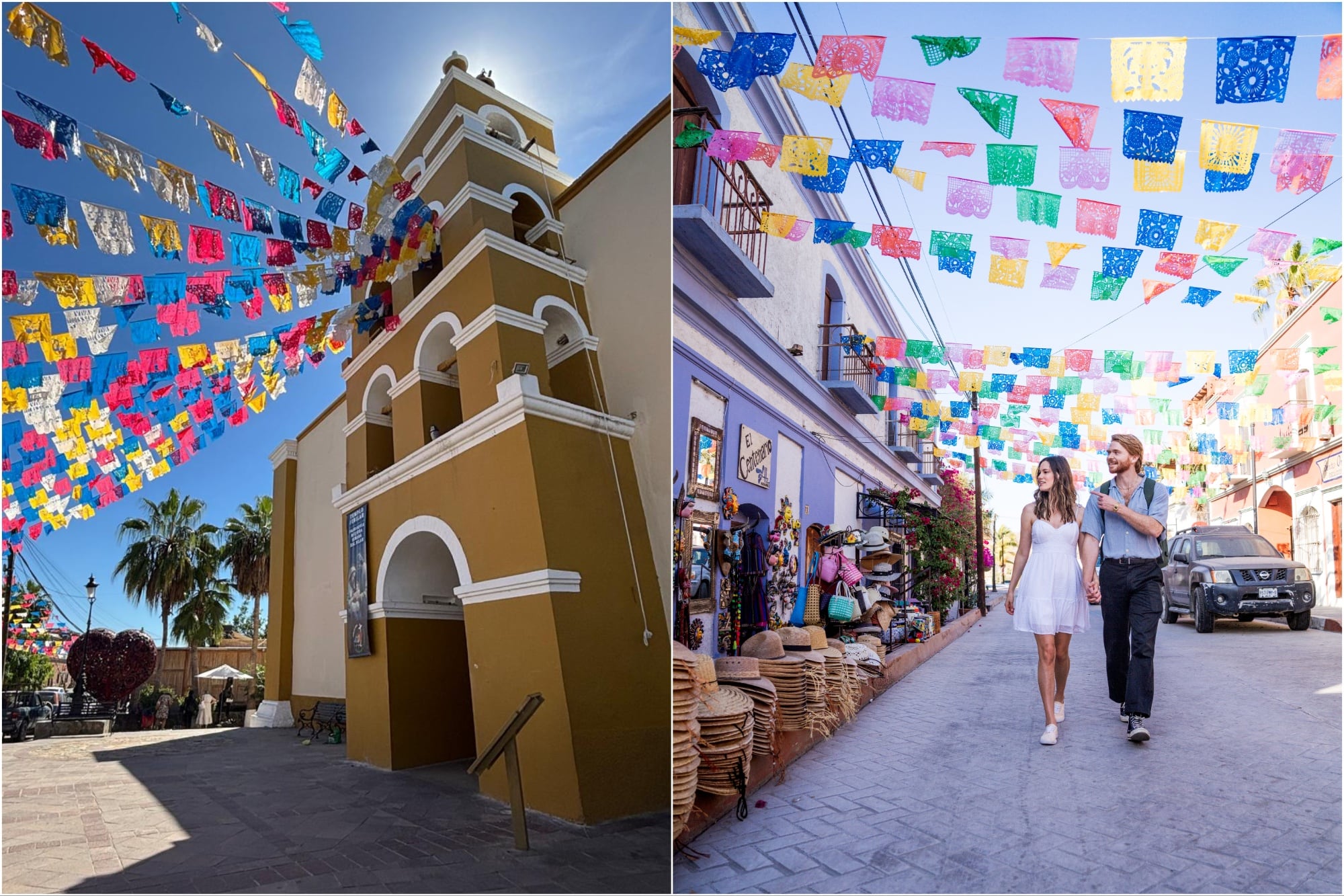 A la izquierda, la parroquia del pueblo, y a la derecha, un paseo por sus calles coloridas repletas de galerías de arte