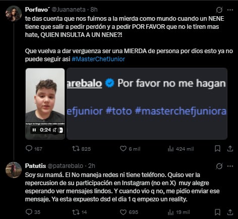Un participante de MasterChef Junior publicó un video con lágrimas en los ojos y pidió que dejen de insultarlo en redes 7 La respuesta de la mamá de Toto al hate