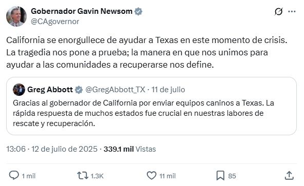 Gavin Newsom destacó que el envío de recursos no compromete la capacidad de respuesta de su estado ante incendios y desastres locales