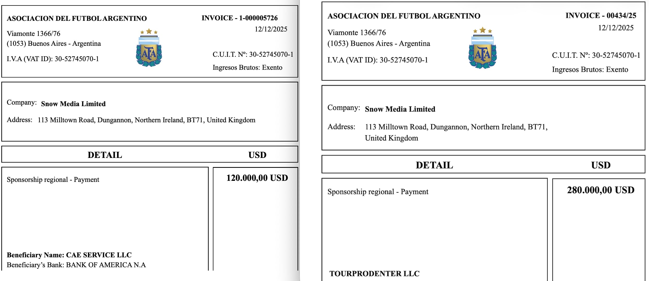 El 12 de diciembre de 2025, con nueve minutos de diferencia, se exportaron dos archivos PDF correspondientes a facturas dirigidas a Snow Media Limited.