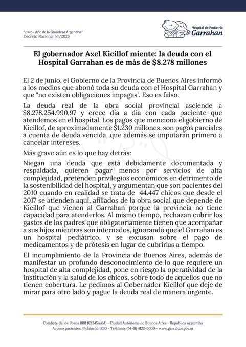 El Garrahan le reclama a Kicillof $8278 millones por atender pacientes bonaerenses del IOMA 6 La carta que le envió el Garrahan a IOMA