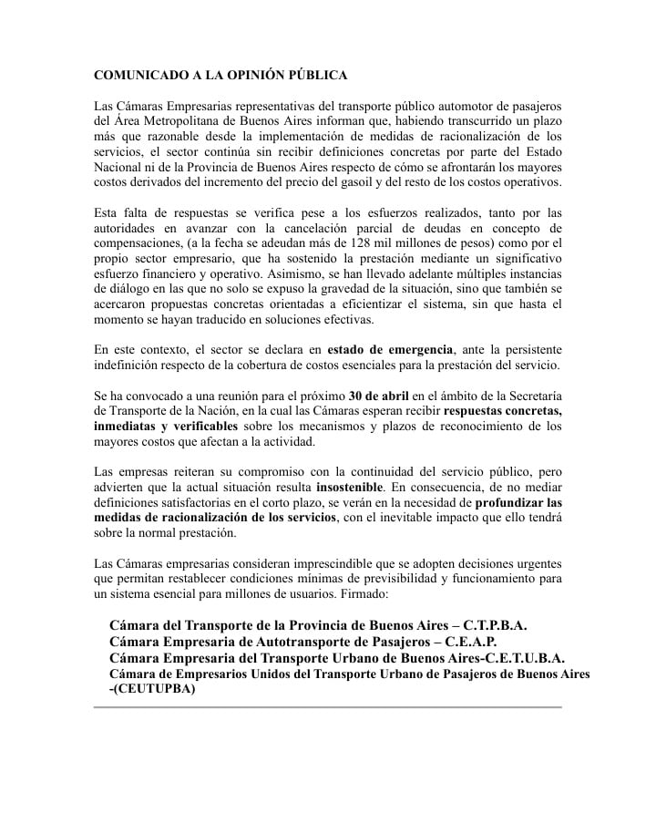 El comunicado donde se declaran en estado de emergencia