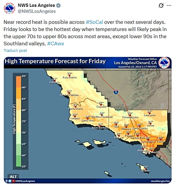 Para este viernes, la mayoría de las zonas de California tendrán un clima seco y cálido