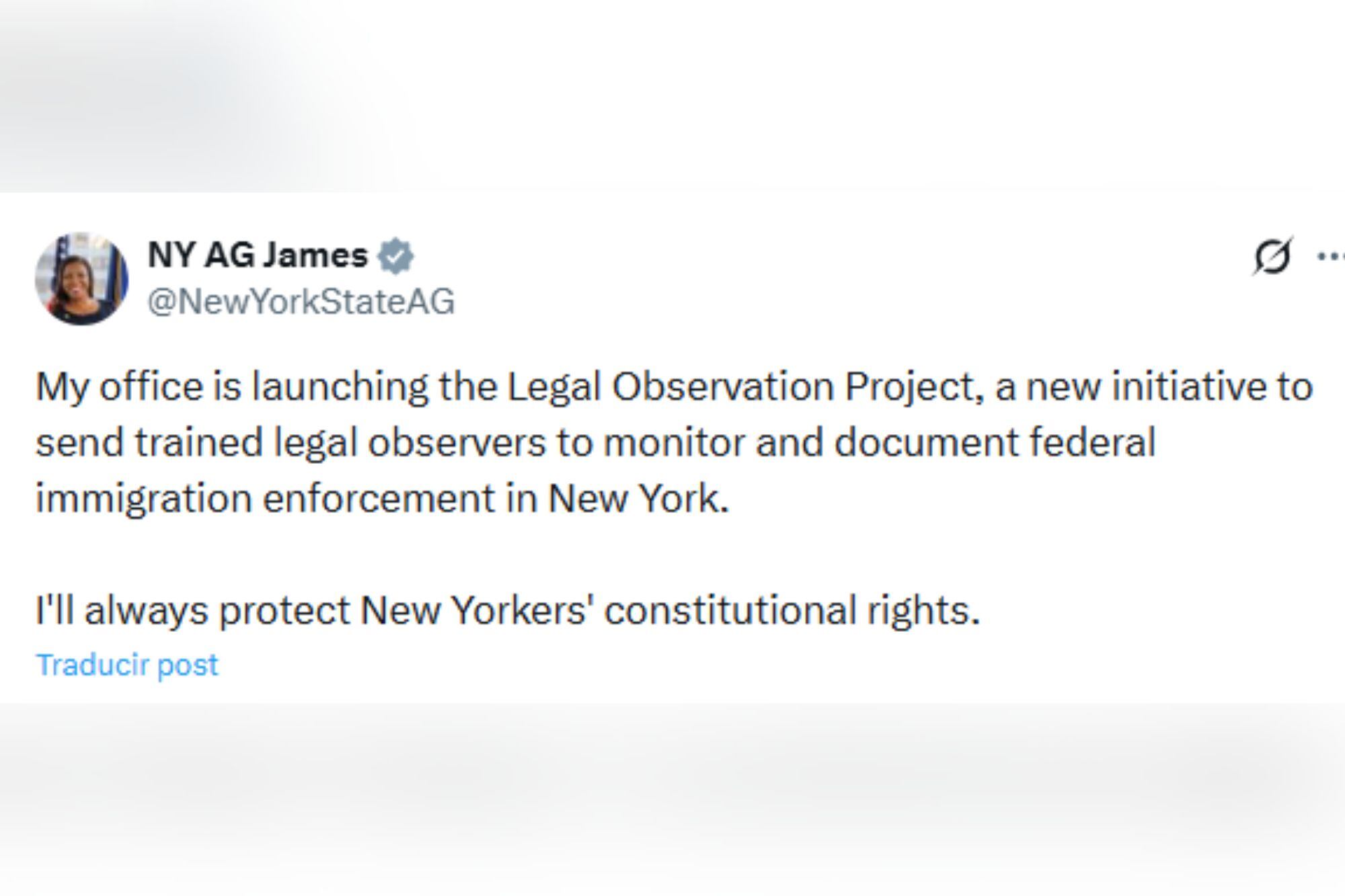 Letitia James, fiscal general de Nueva York, supervisará la aplicación de las leyes de inmigración federales