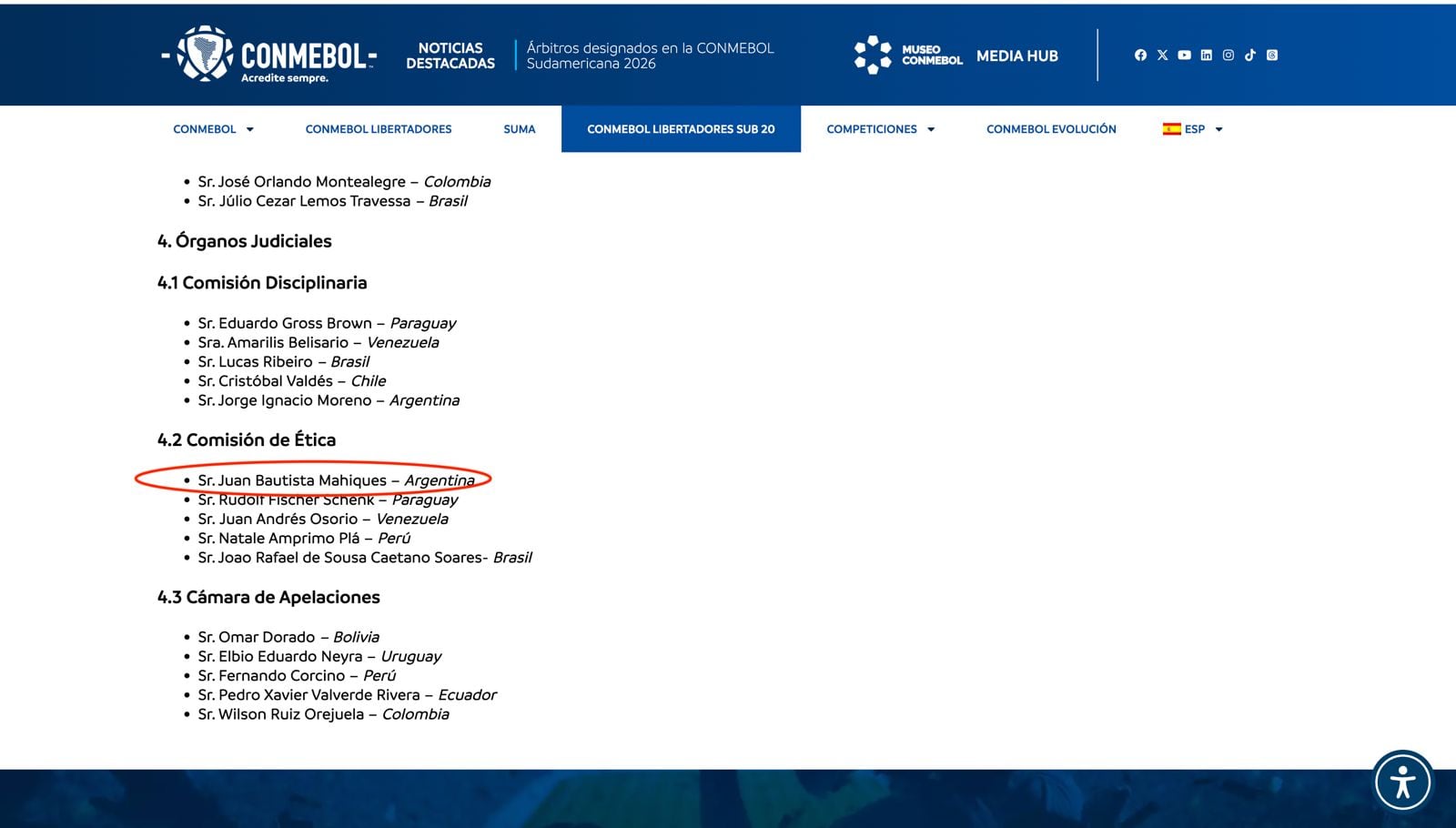 Juan Bautista Mahiques aparece como primer miembro de la Comisión de Ética de la Conmebol