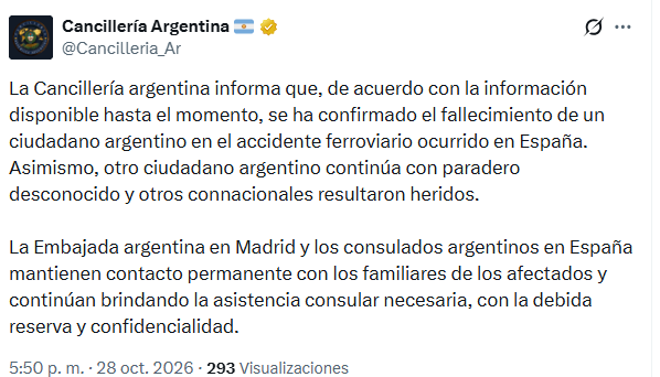 El mensaje de Cancillería tras el choque de los trenes en España