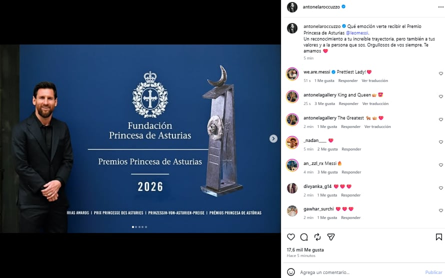 Anto Roccuzzo le dedicó unas emotivas palabras a Leo Messi por el premio Princesa de Asturias de los Deportes 2026 (Foto: Instagram @antonelaroccuzzo)