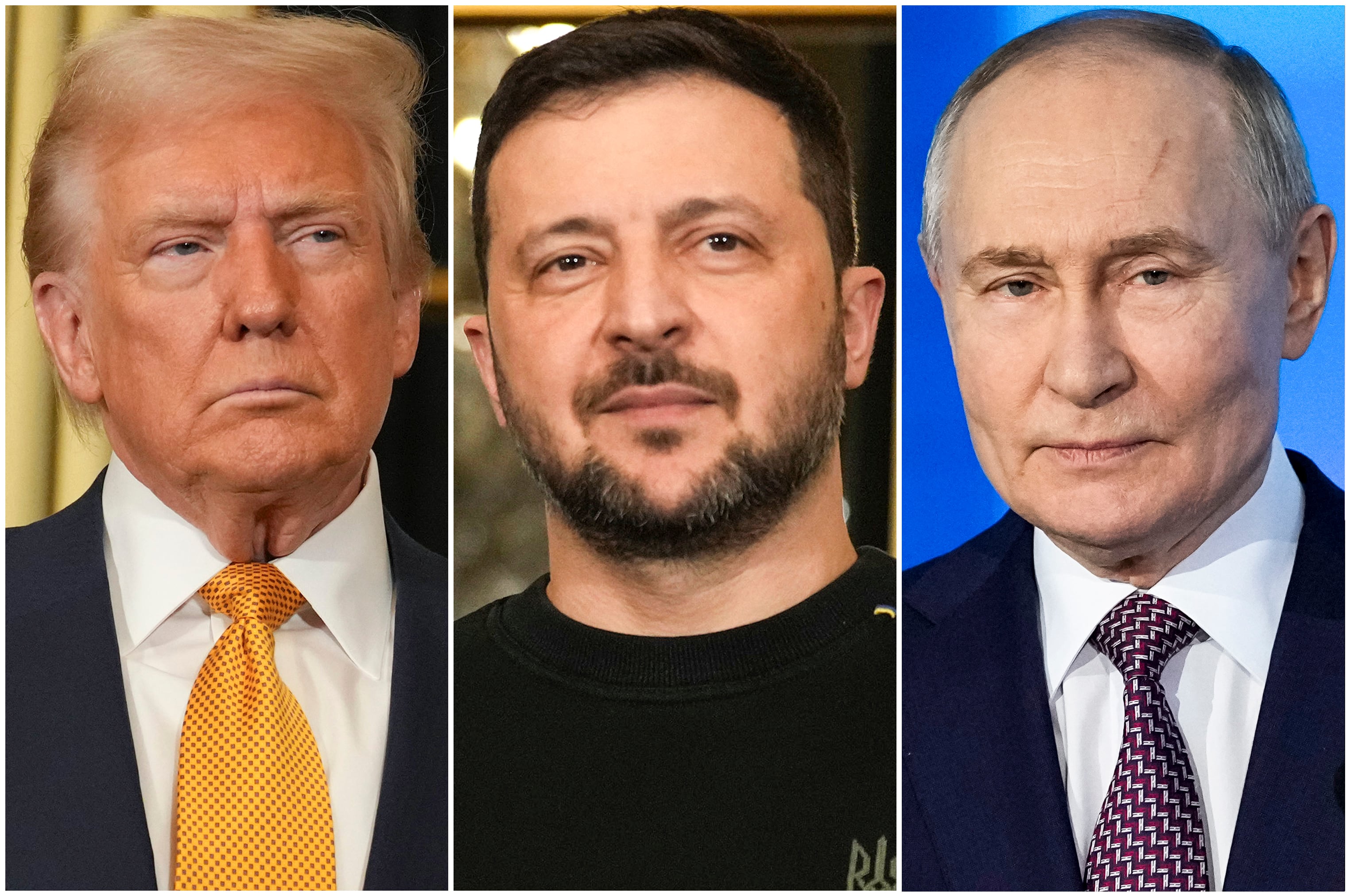 Combinación de fotos que muestra, de izquierda a derecha: el presidente estadounidense Donald Trump y el presidente ucraniano Volodymyr Zelenskyy en el Palacio de los Elíseos en París el 7 de diciembre del 2024, y el presidente ruso Vladimir Putin en Moscú el 21 de febrero del 2025