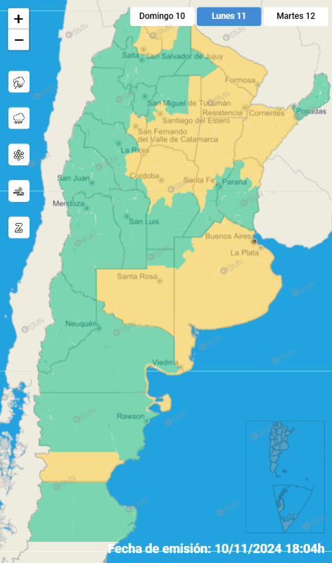 Las provincias con alerta amarilla para el lunes 11 de noviembre