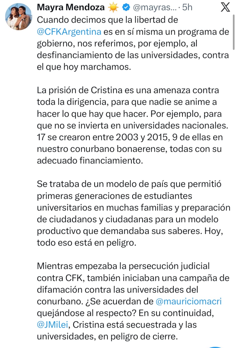 El posteo de Mayra Mendoza
