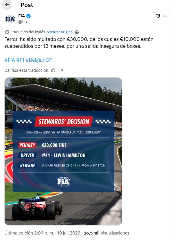 El posteo de la FIA en X
