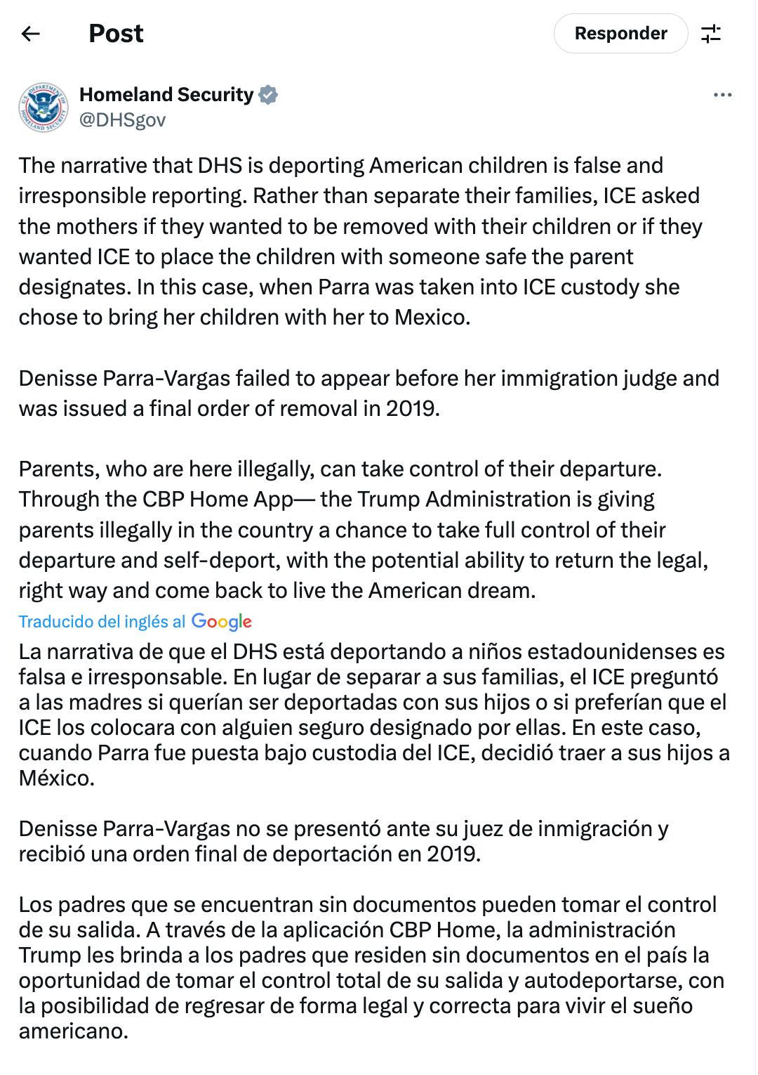 El DHS declaró que fue la propia Denisse quien decidió llevar consigo a los niños en su proceso de deportación. (Foto: Captura de pantalla)