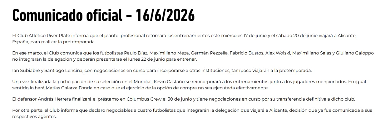 Comunicado oficial de River Plate respecto a la situación de los jugadores de los cuales prescindirá