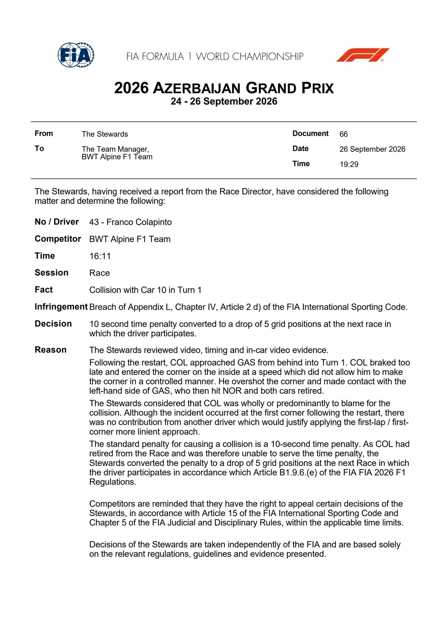 Comunicado de la FIA en el que confirma la sanción a Colapinto por el incidente de Bakú