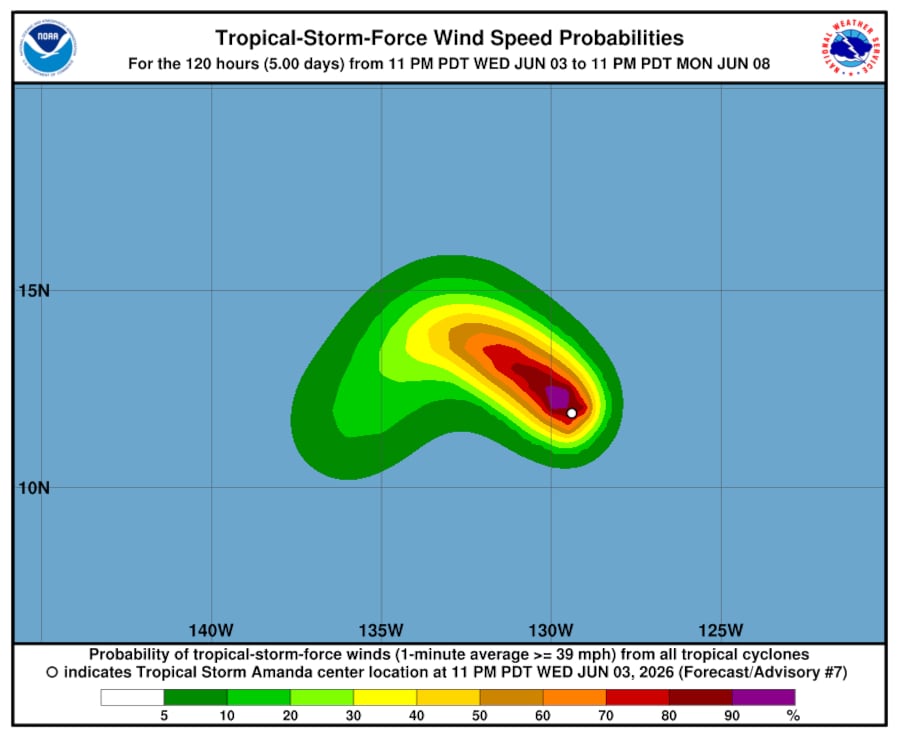 Los informes meteorológicos señalan que el centro de circulación de Amanda se encuentra físicamente desplazado de sus áreas de tormenta y nubosidad debido al impacto de vientos en altura