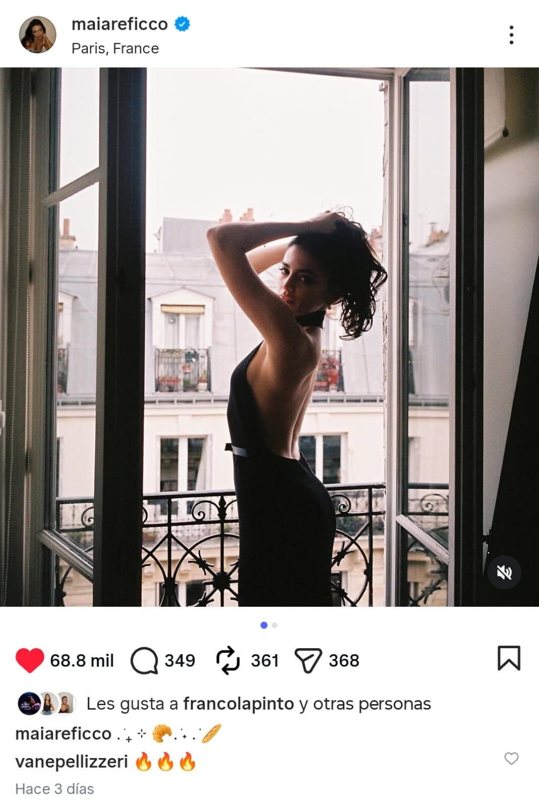 El like de Franco Colapinto en la última publicación de Instagram de Maia Reficco
