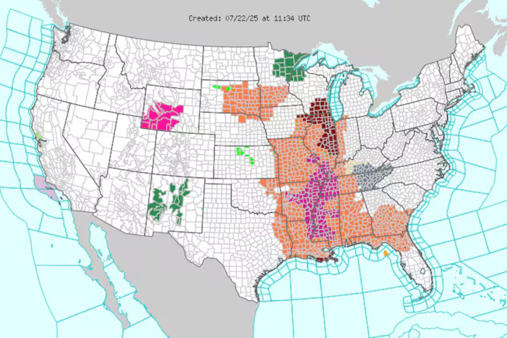 El valle del Mississippi y el sudeste soportarán temperaturas de hasta 100 °F (38 °C)