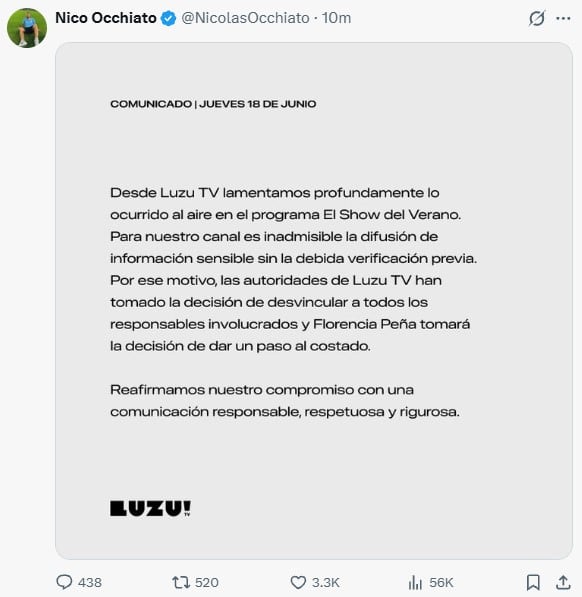 El posteo de Nico Occhiato