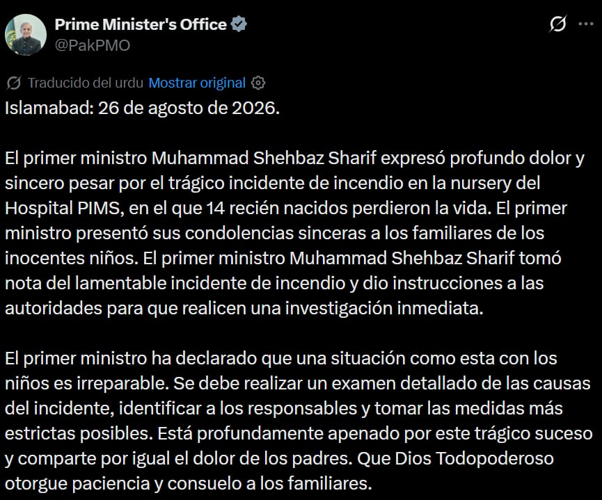 El mensaje del primer ministro de Pakistán