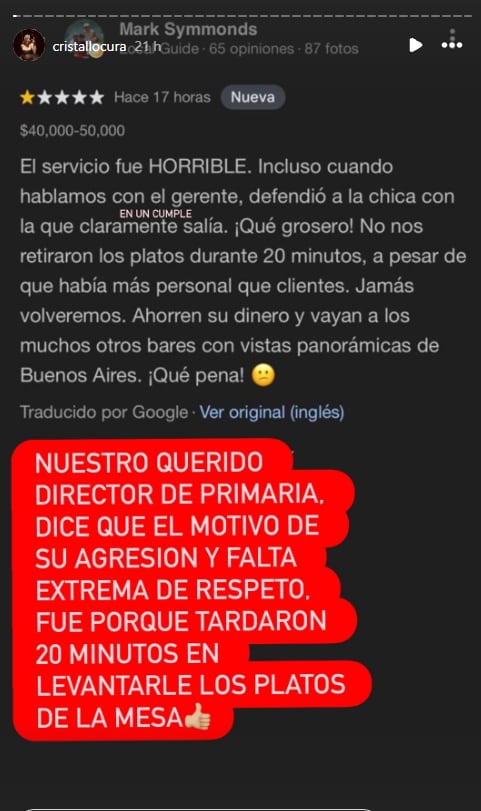 La reseña del establecimiento que habría dejado el acusado