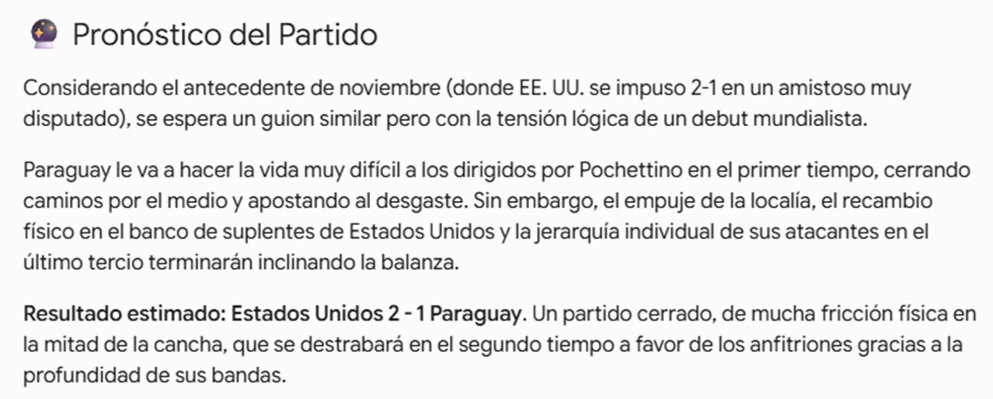 Para la IA de Google, el ganador del partido será Estados Unidos