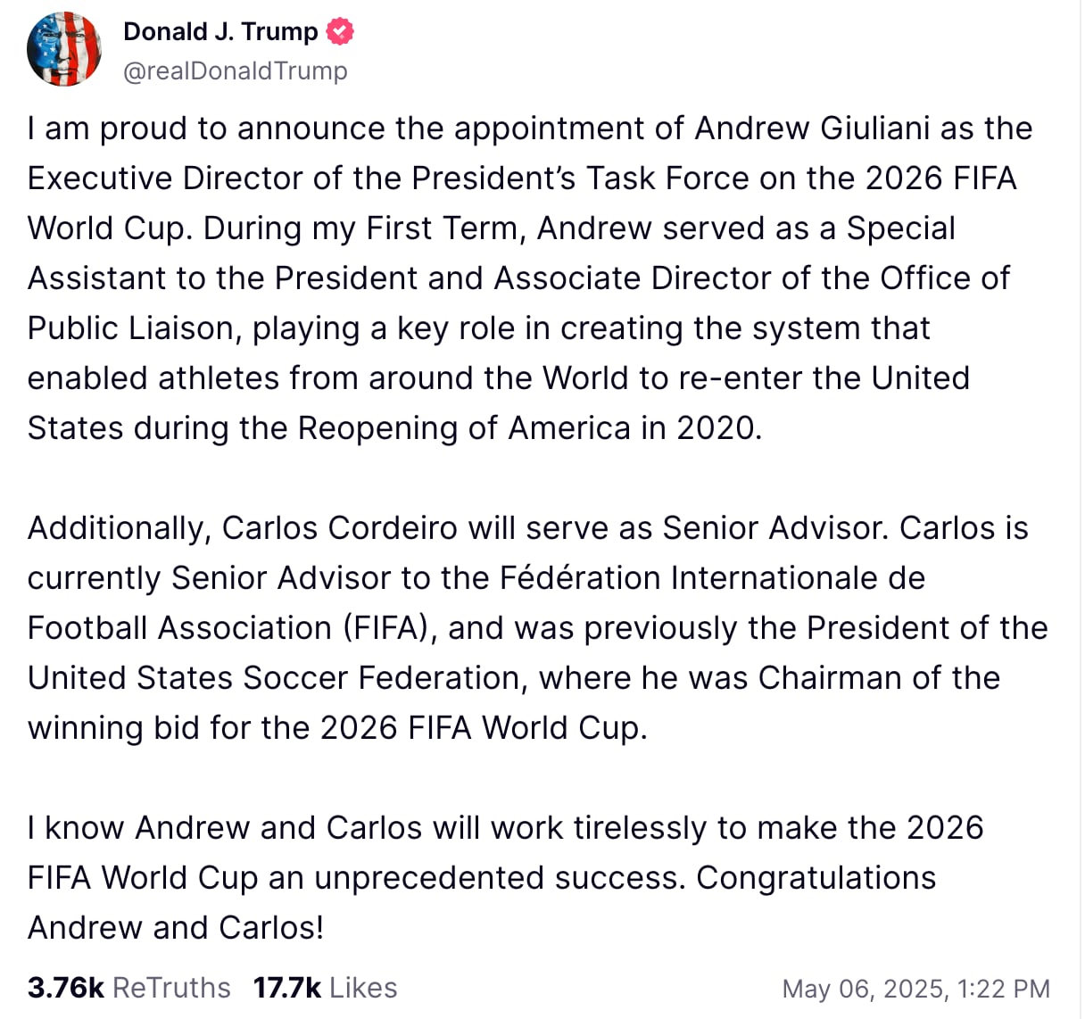 Donald Trump destacó la experiencia de Giuliani y Cordeiro, y además, celebró su incorporación frente a los preparativos para la Copa Mundial 2026