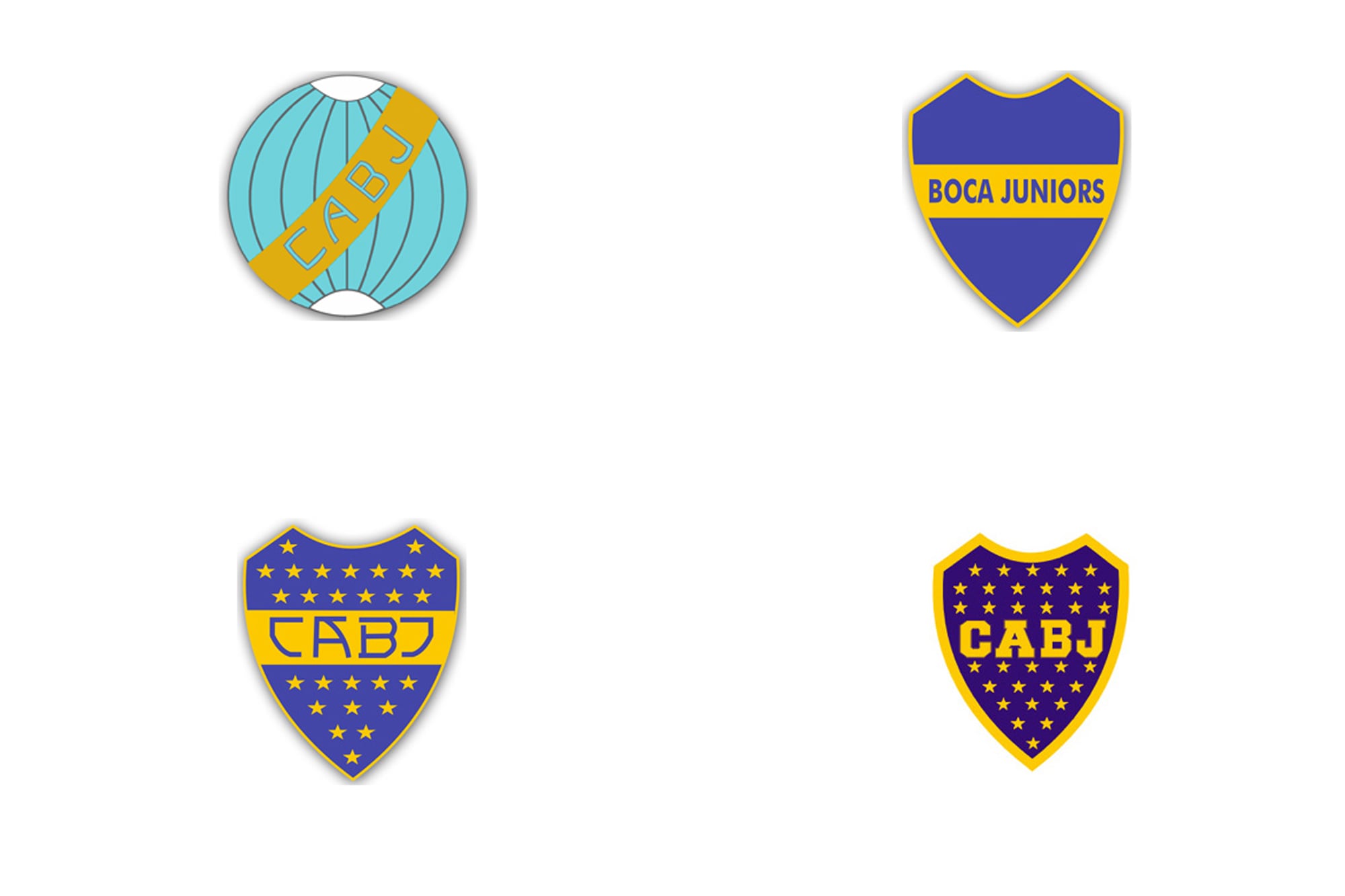 Los cuatro escudos oficiales de Boca: el globo de 1910, el formato más conocido (1915), cuando se incorporan las estrellitas por cada título ganado (1932) y la última modificación, cuando la franja amarilla es formada por las iniciales CABJ (1996) (Fuente: historiadeboca.com.ar)
