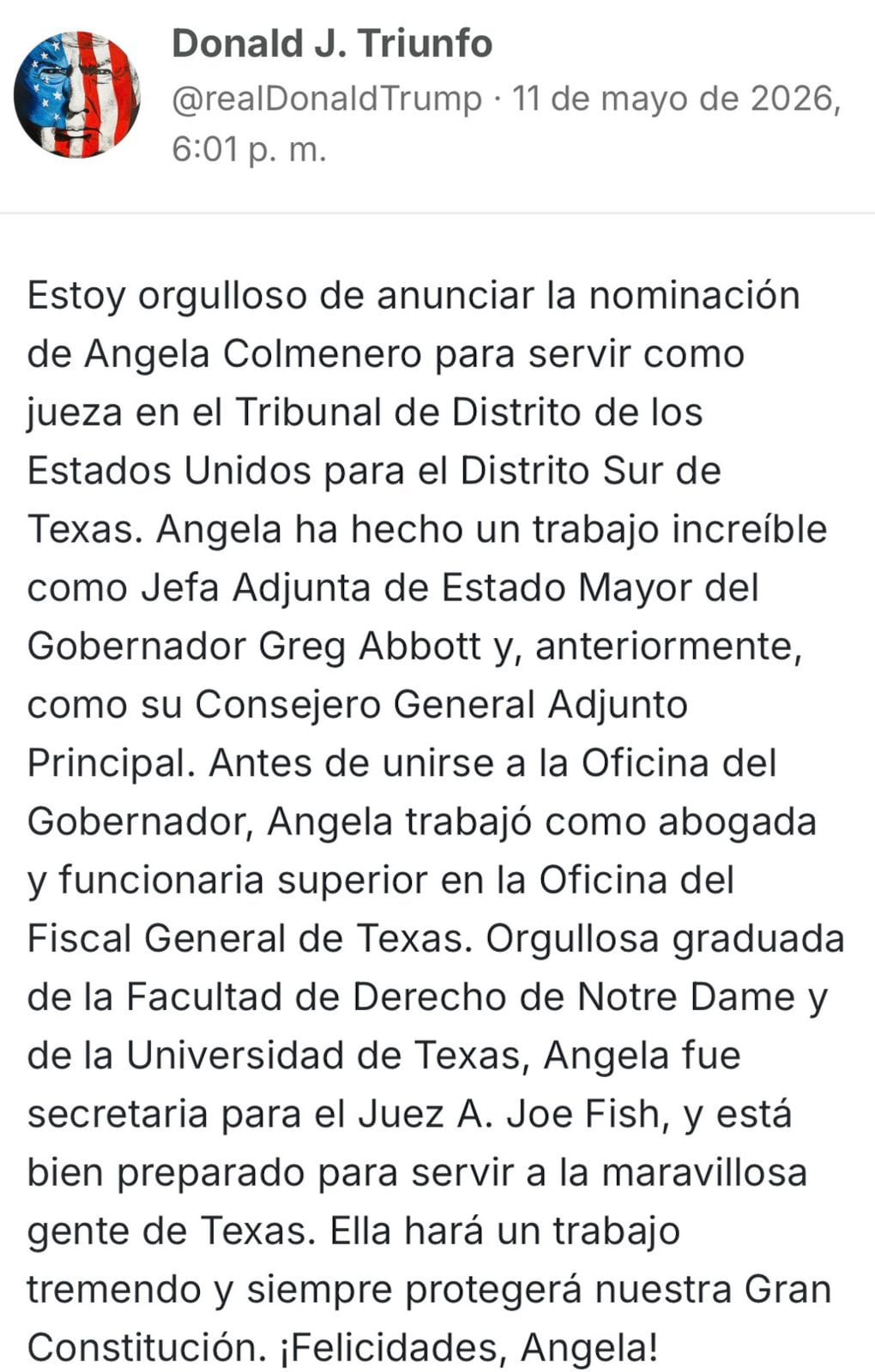 El mensaje de Donald Trump tras la nominación de Angela Colmenero