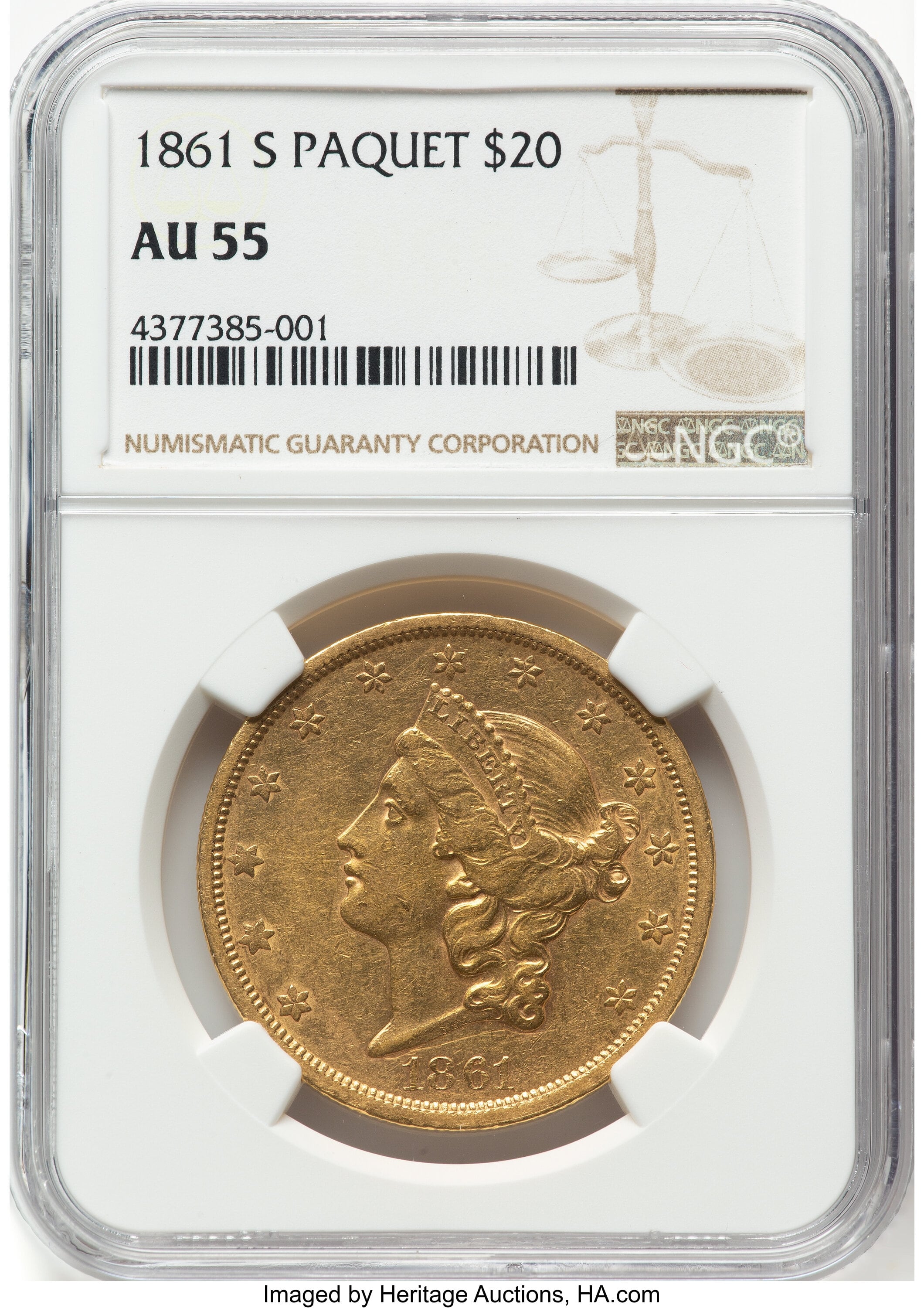 La moneda alcanzó el precio de US$128.100 en la reciente subasta de Heritage Auctions es la 1861-S Paquet Double Eagle, AU55 NGC, proveniente de The Fudd Collection