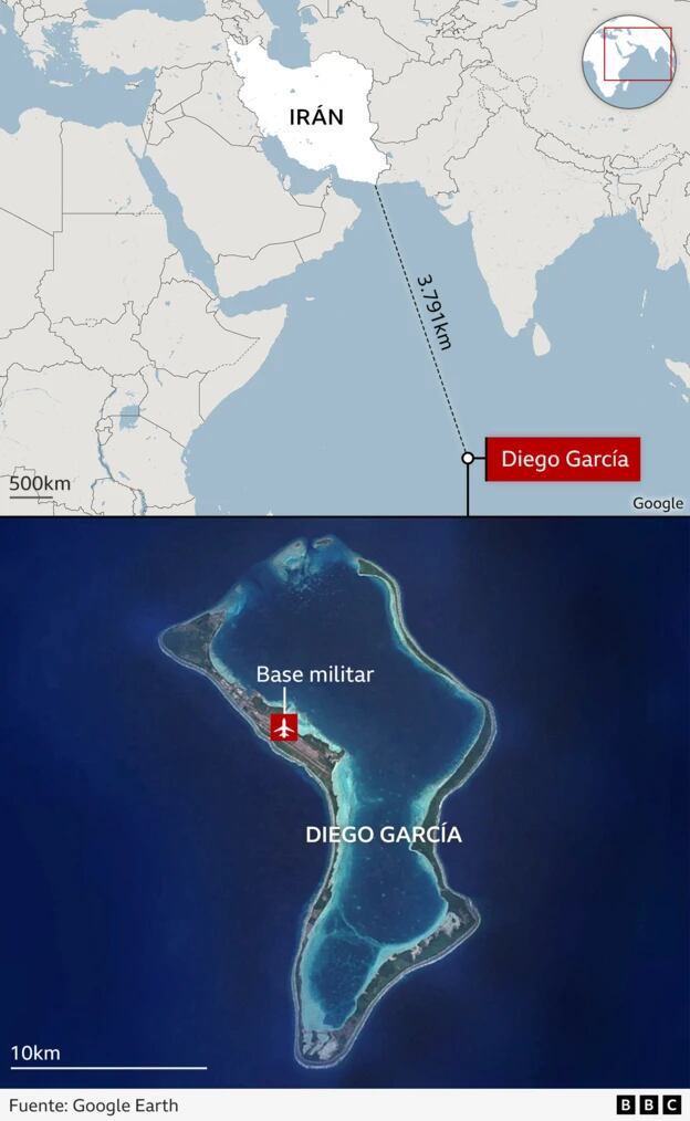 Mapa indicativo de la posición de la base militar en la isla Diego García.
