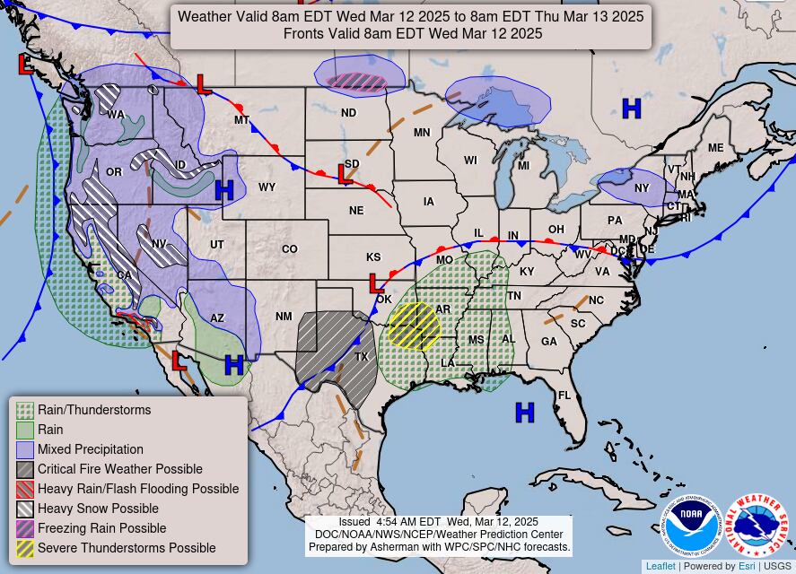 El mapa de EE.UU. con el clima del día miércoles 12 de marzo