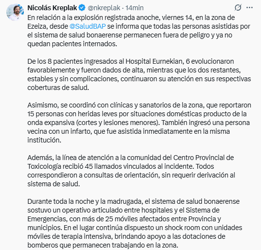 Nicolás Kreplak actualizó cómo se encuentra trabajando el Ministerio de Salud de la Provincia ante los casos de vecinos afectados por la explosión