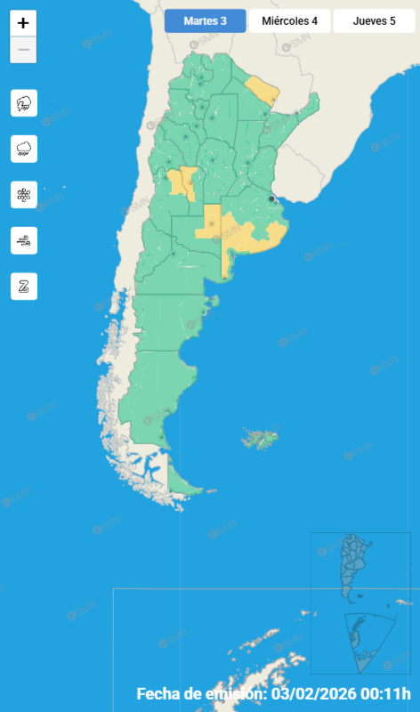 Las alertas emitidas por el SMN para este martes 3 de febrero