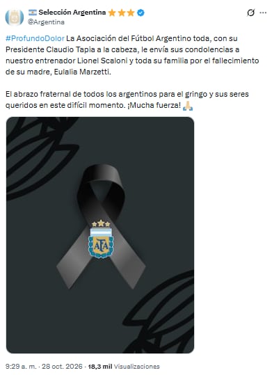 El posteo de la cuenta oficial de la selección argentina para despedir a la madre de Lionel Scaloni (Foto: X @Argentina)