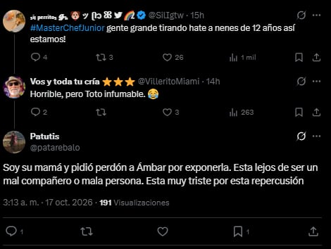 Un participante de MasterChef Junior publicó un video con lágrimas en los ojos y pidió que dejen de insultarlo en redes 8 La madre de Toto aseguró que le hizo pedir perdón a su hijo también privado a Ámbar