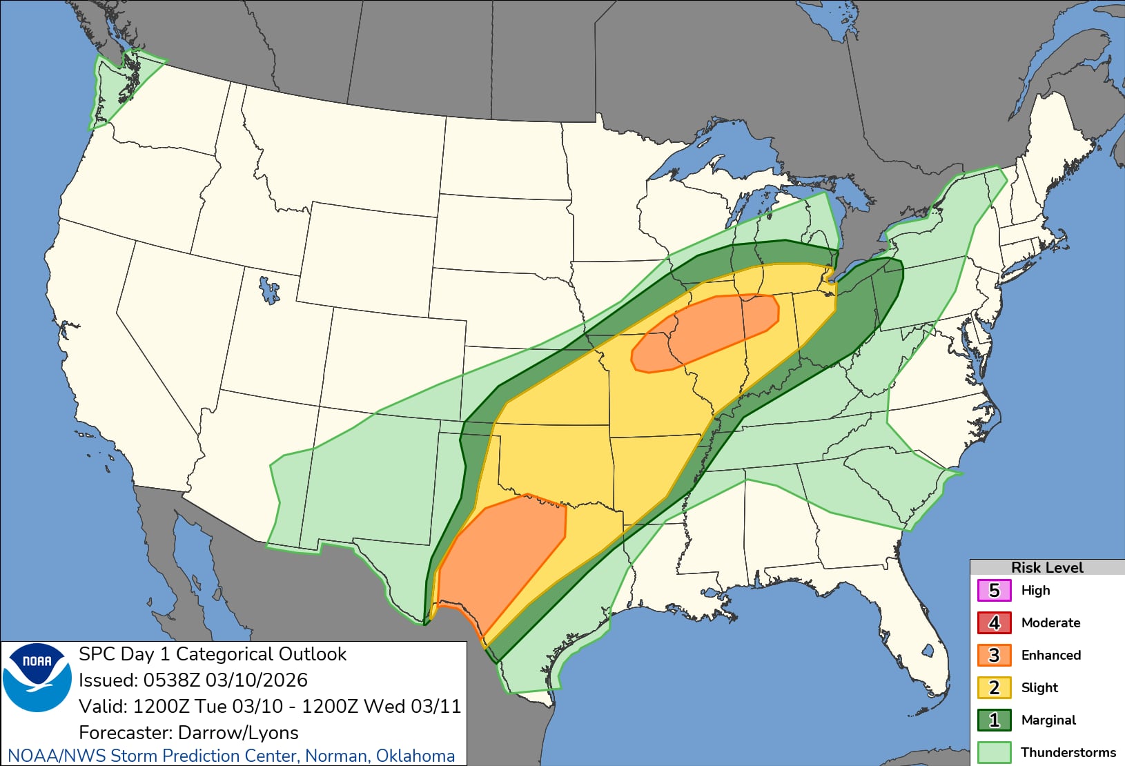 El SPC emitió una alerta por tornados potencialmente fuertes y granizo de gran tamaño en un corredor que abarca el norte de Missouri, el norte de Illinois y el noroeste de Indiana