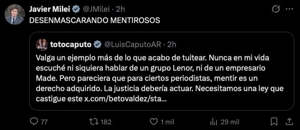 El respaldo del Presidente al posteo de Caputo