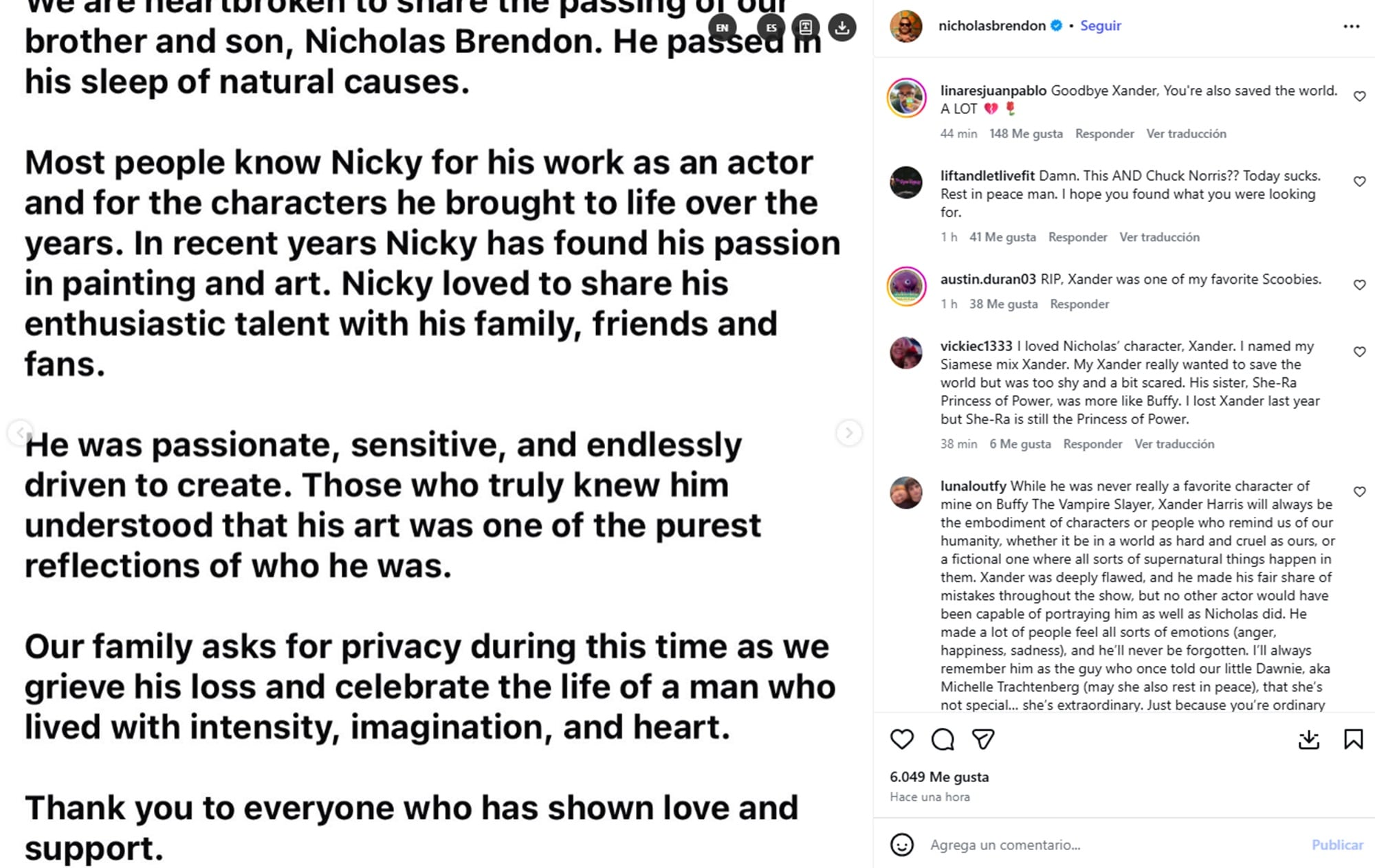La familia de Nicholas Brendon confirmó su muerte en su propia cuenta de Instagram