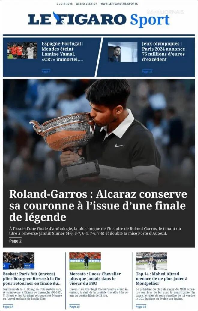 La portada de Le Figaro, tras la épica victoria de Alcaraz sobre Sinner en Roland Garros 2025