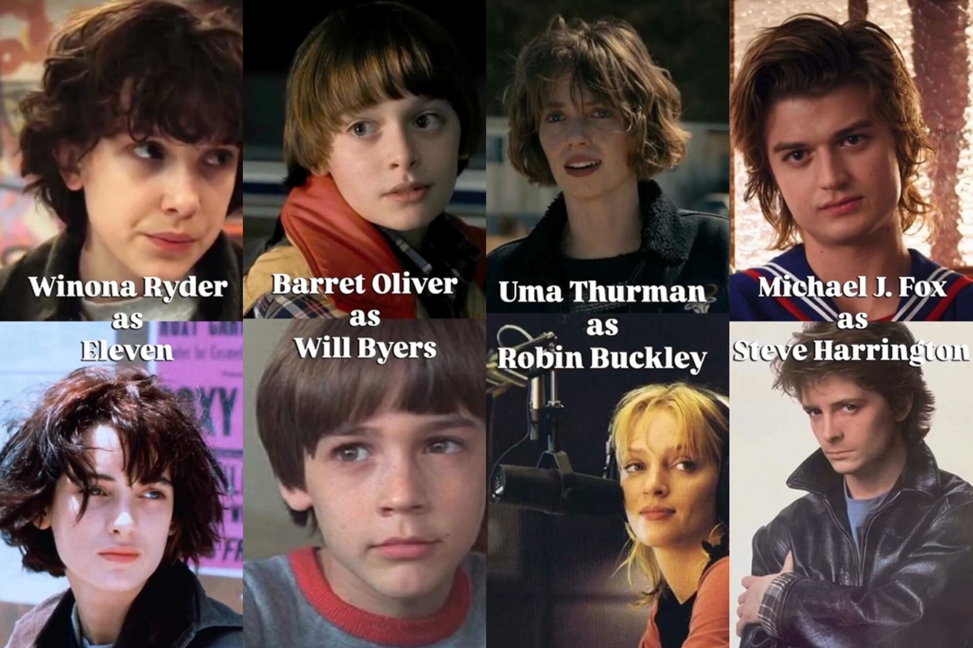 Si la sería se filmaba en los 80, el papel de Once podría haber sido interpretado por Winona Ryder, el de Will Byers por Barret Oliver, el de Robin Buckley por Uma Thurman y el de Steve Harrington por Michael J. Fox (Foto: Instagram @acting__tips)